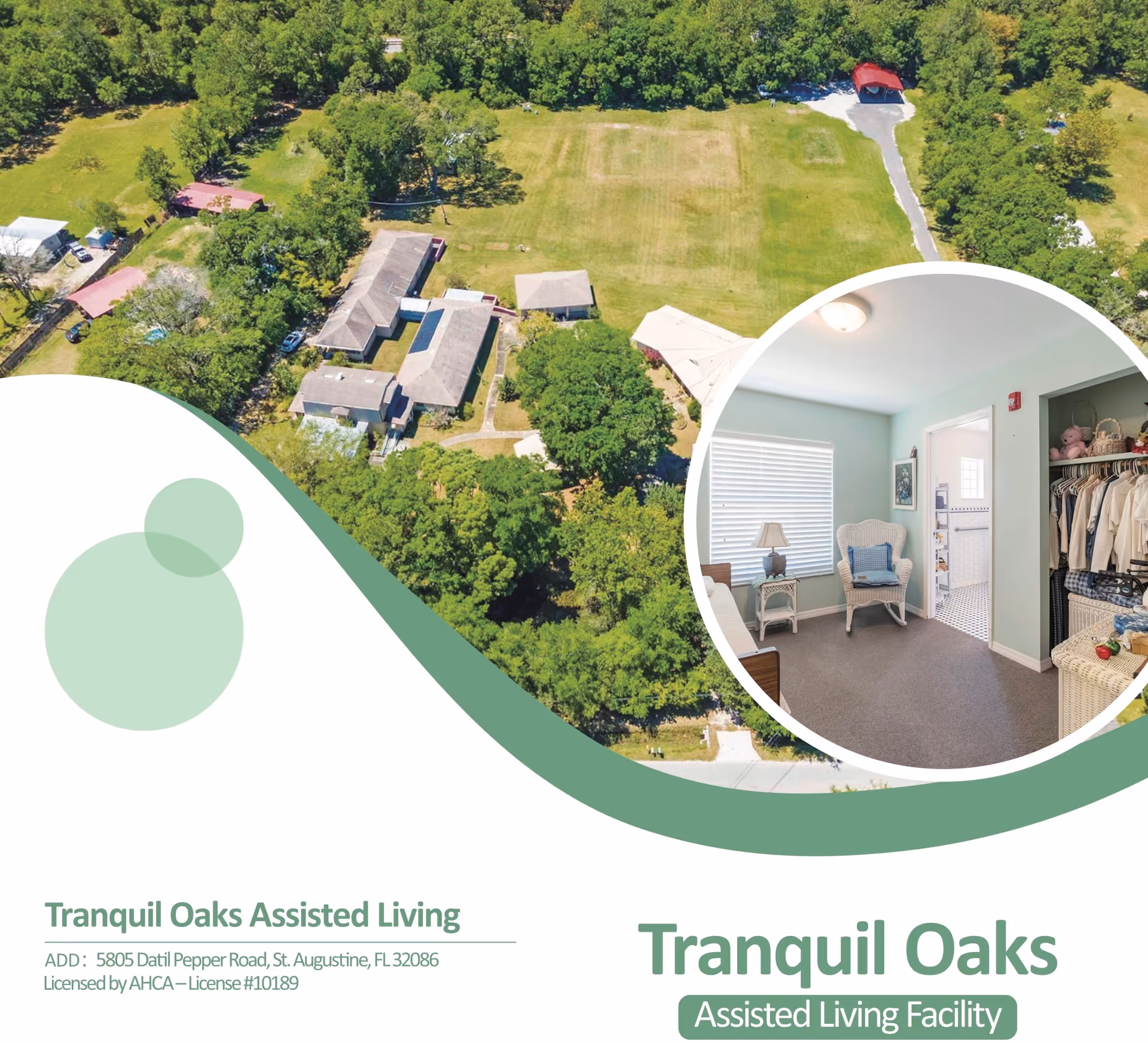 Aerial view of a senior living campus with green lawns and a circular interior photo.