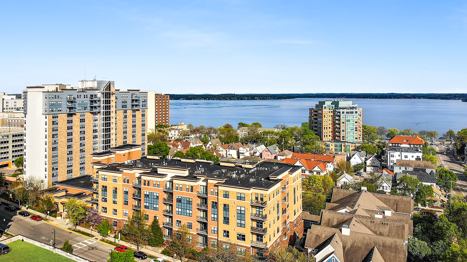 Capitol Lakes campus buildings line the lakefront waterfront.