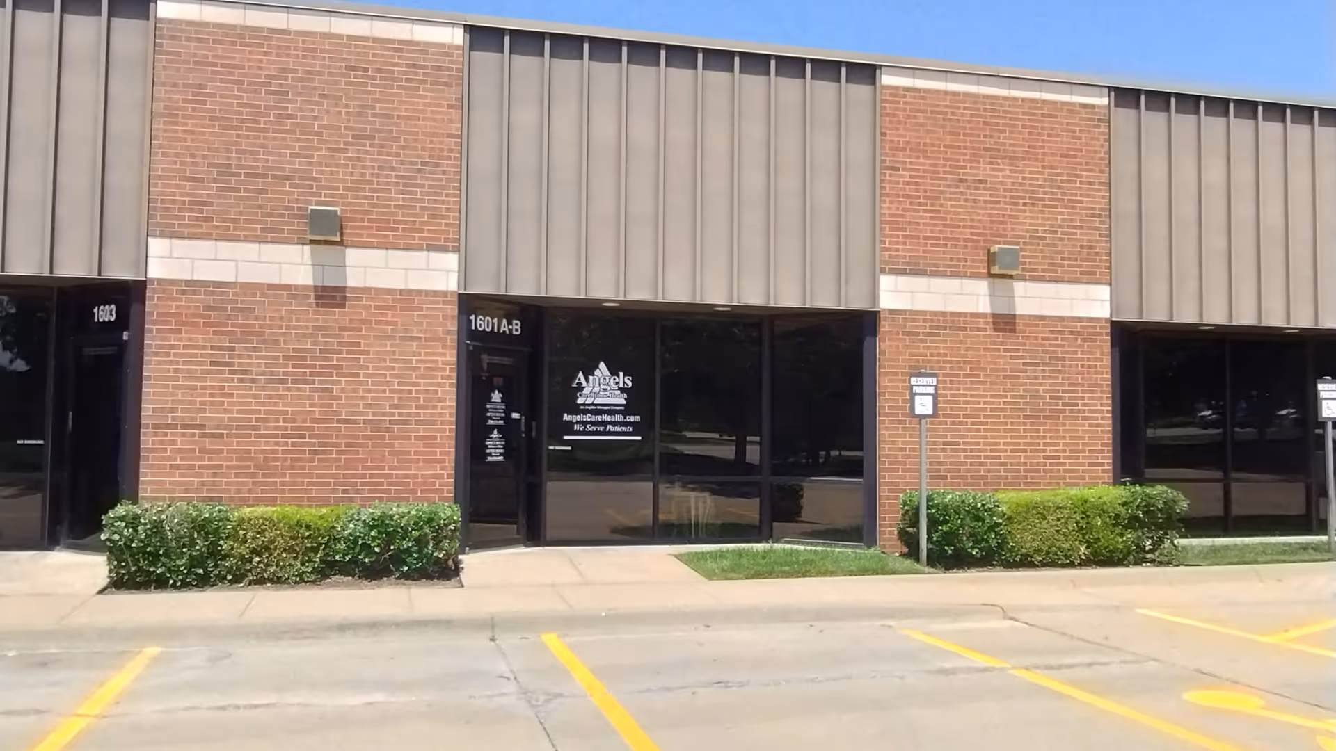 Exterior view of Angels Care Home Health Wichita Falls storefront with brick facade and glass doors.