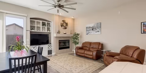 Bright living room with leather sofas, fireplace, TV cabinet, dining table, and plants.