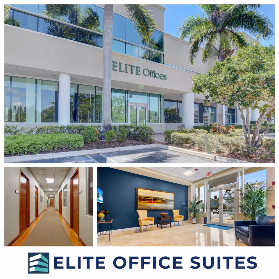 Exterior view of a modern office building with palm trees, plus interior hallway and lobby.