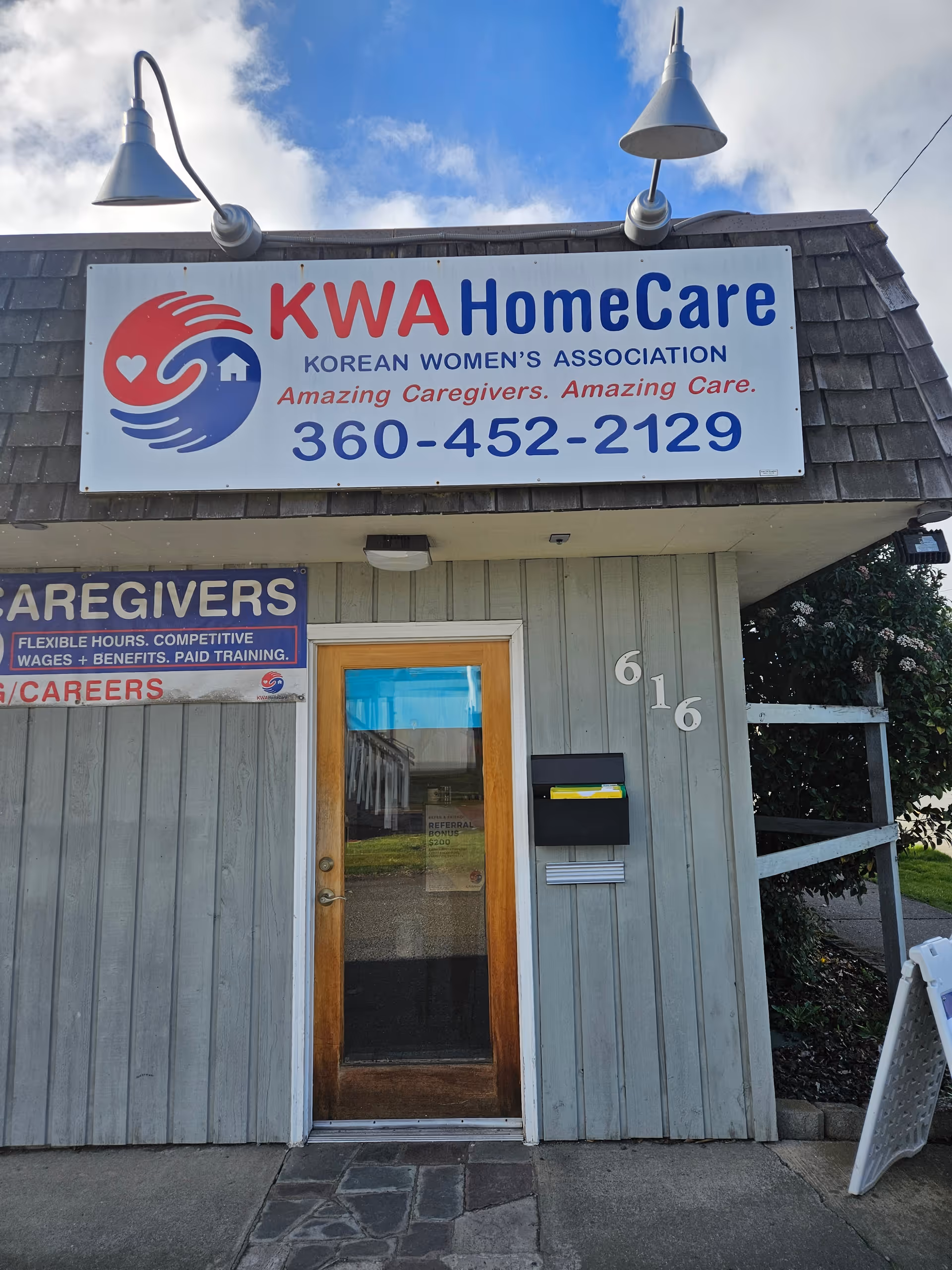 Front exterior of KWA HomeCare building in Port Angeles with sign