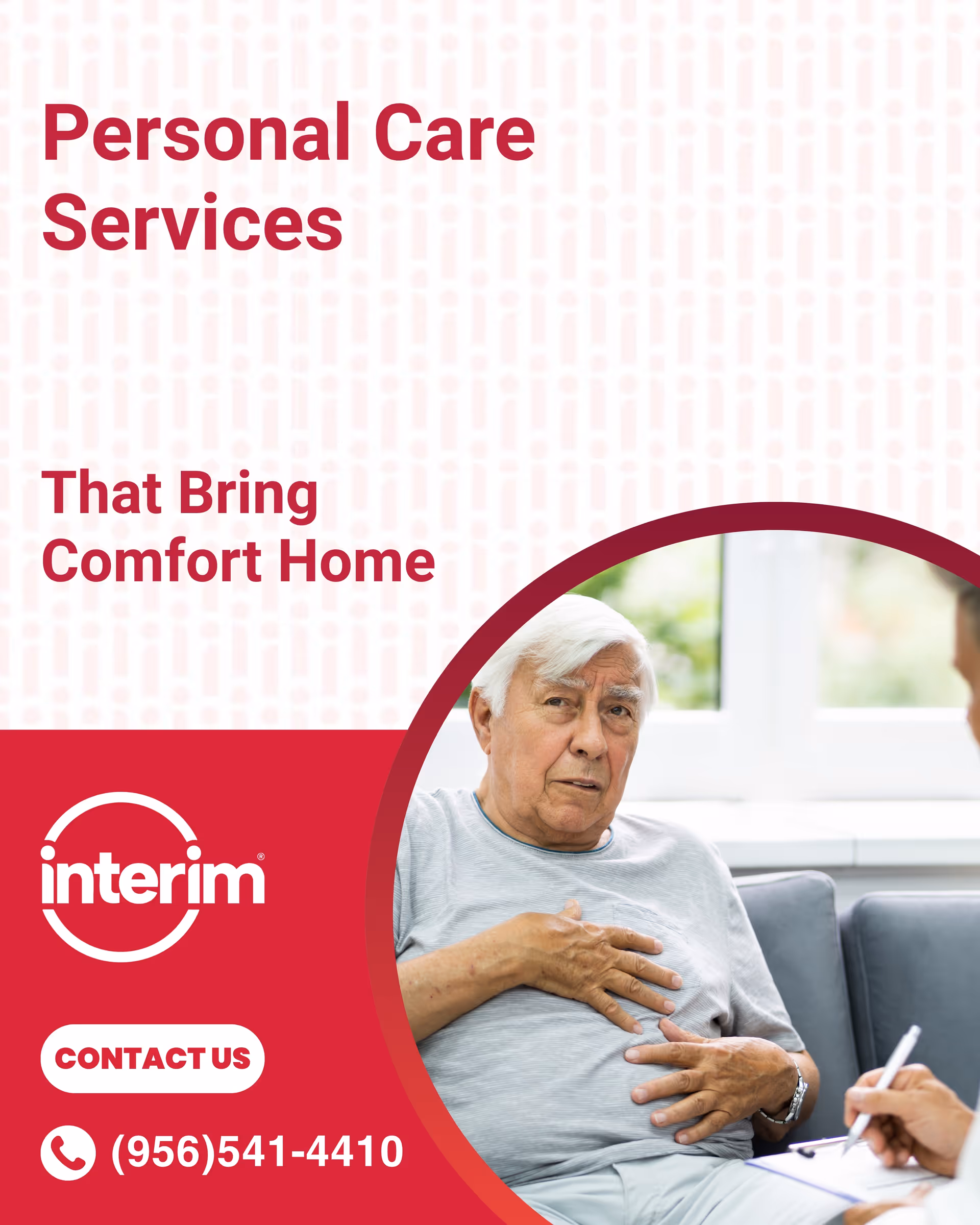 Elderly man sits on a couch during a care consultation in a living room.