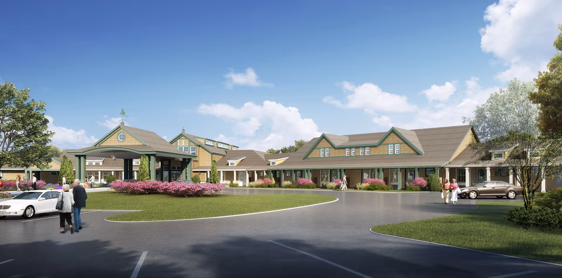 Exterior view of a senior living facility named Thrive at Augusta, showing a large building with green trim and beige siding, a covered entrance, landscaped bushes with pink flowers, several parked cars, and elderly people walking near the entrance under a blue sky with scattered clouds.