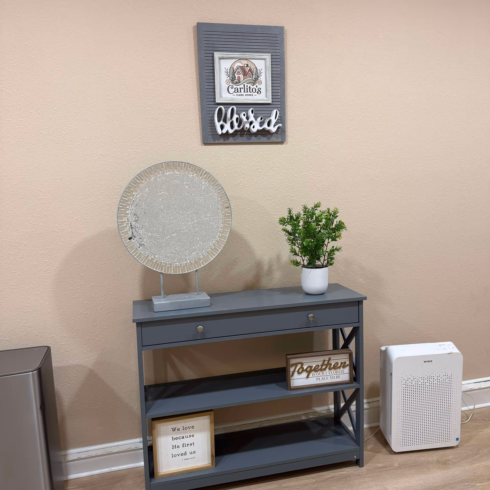 Grey console table, circular decorative piece, and plant against beige wall, with Carlito's Care Home sign.