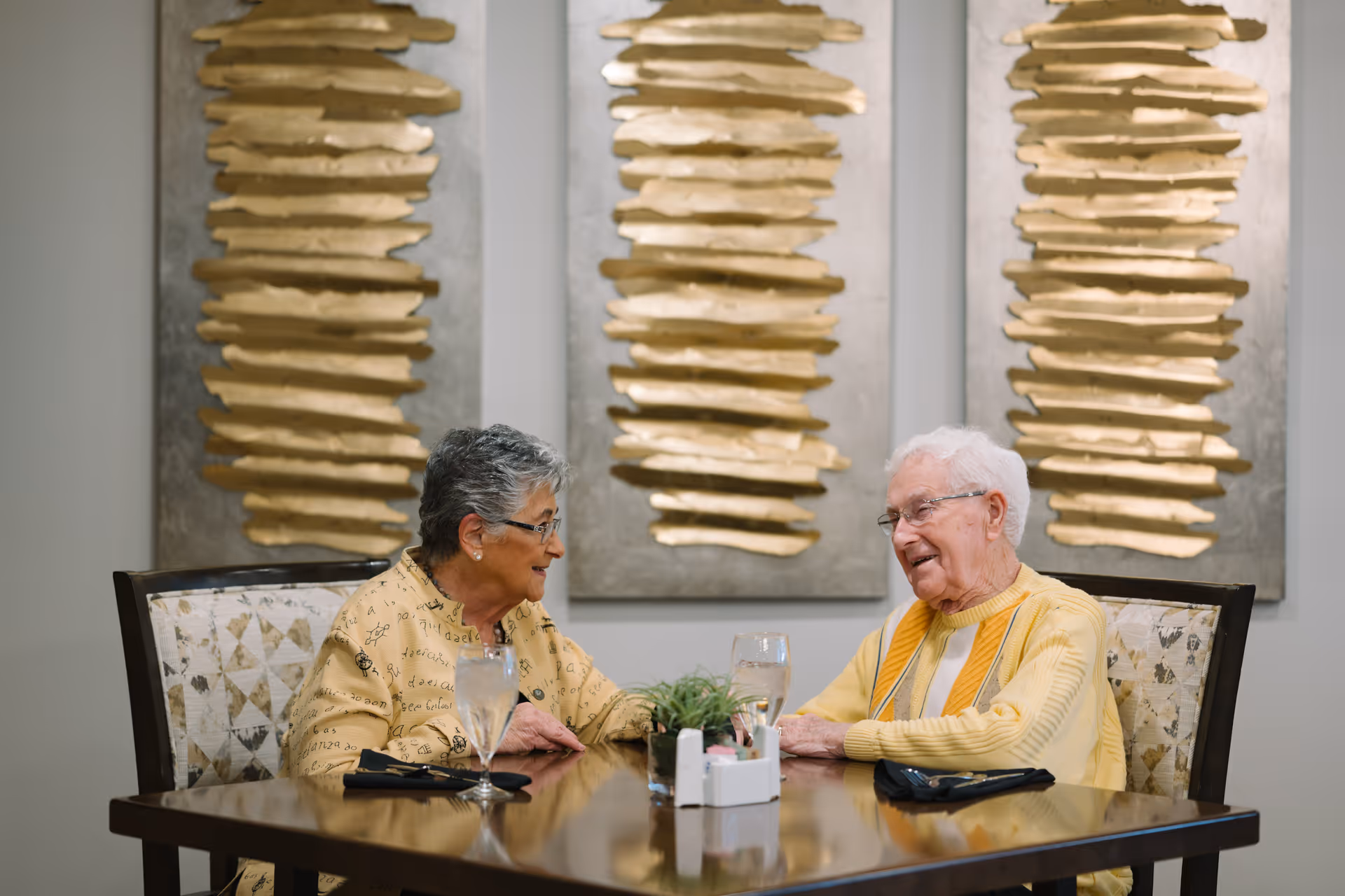 Two elderly women sitting at a dining table in a well-lit room, engaged in conversation. They each have a glass of water in front of them, and there is a small plant and a napkin holder on the table. Behind them are three large abstract gold and silver wall art pieces.