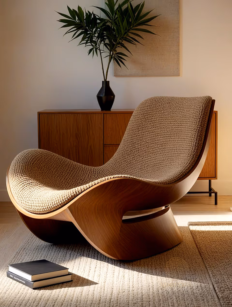 Modern curved lounge chair with wood tones, plant, and cabinet in a cozy living area.