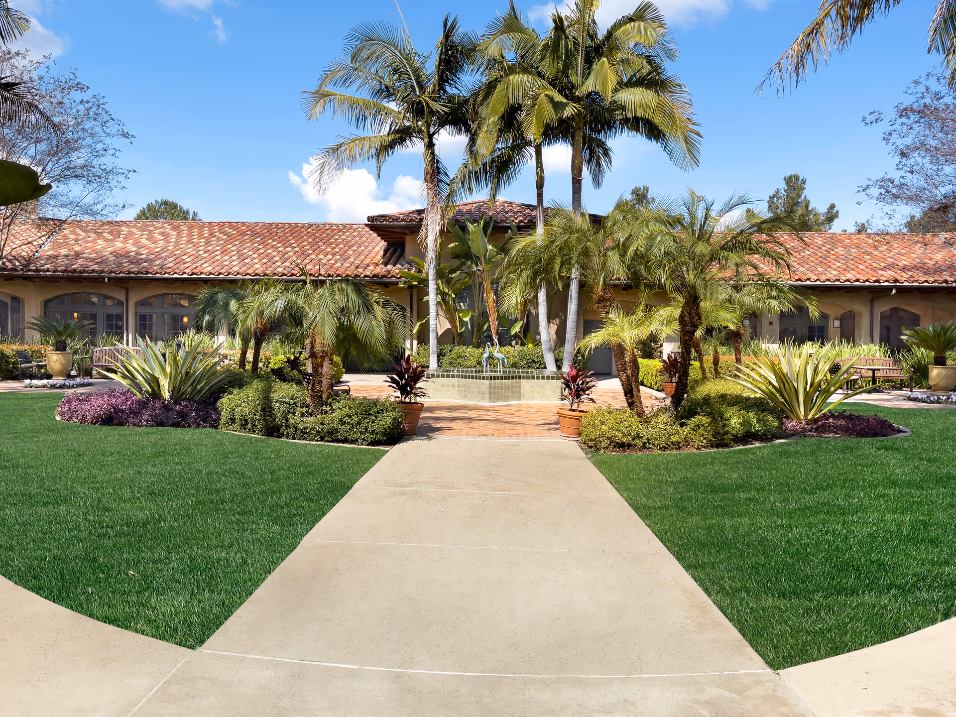 Sunny outdoor courtyard with palm trees, a tiled walkway, and a building with a red-tiled roof.