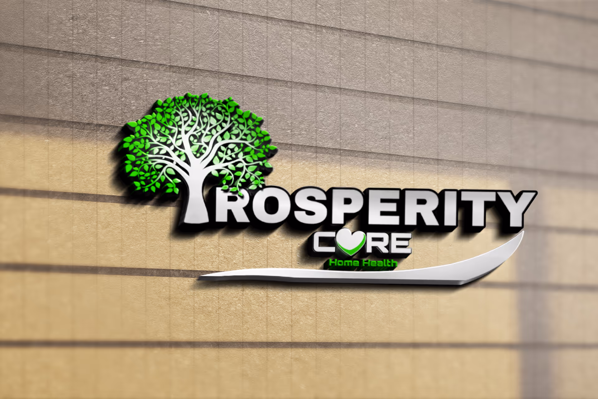 Exterior wall with Prosperity Core Home Health sign and green tree logo