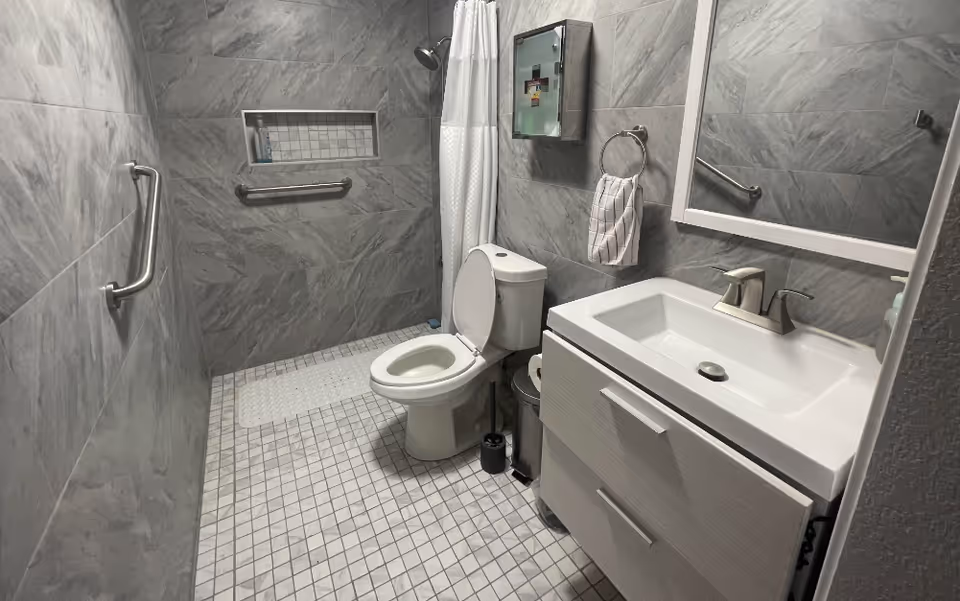 Accessible shared bathroom with toilet, sink, grab bars, and a shower curtain.