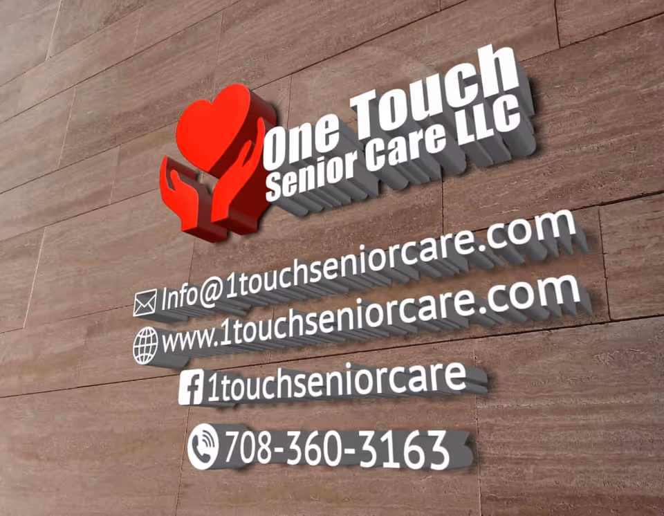 Exterior wall sign displays One Touch Senior Care LLC logo and contact information.