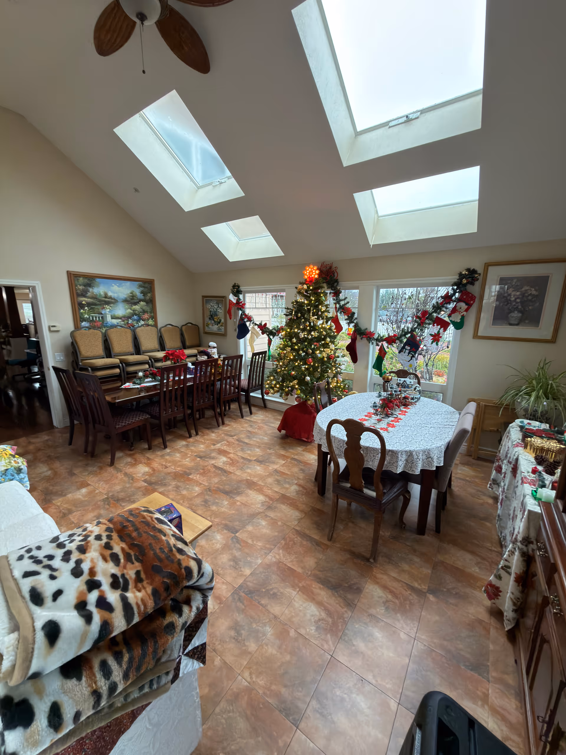 Bright dining room with a Christmas tree, long table, chairs, and skylights.