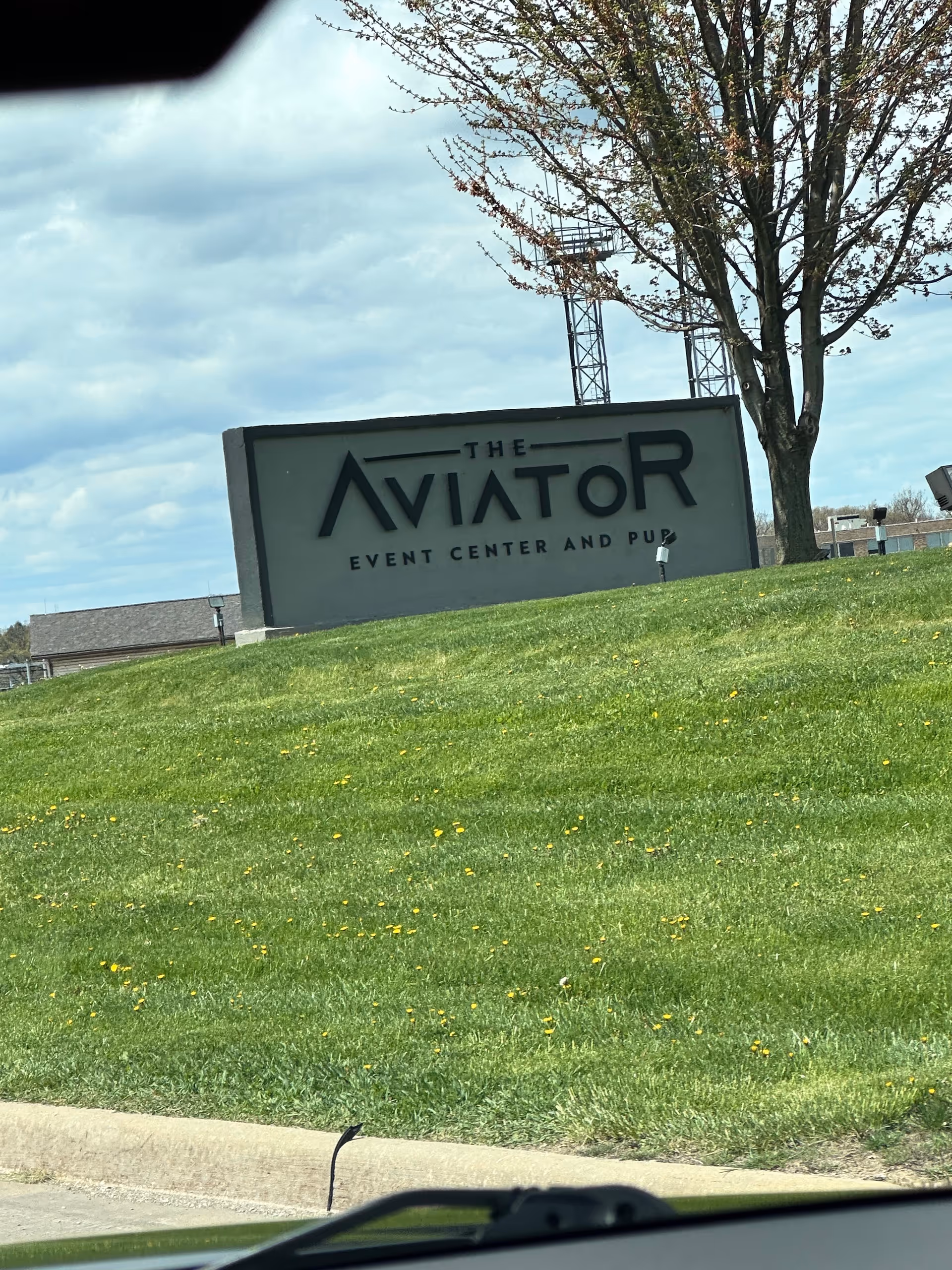 An outdoor sign for The Aviator Event Center and Pub on a grassy slope.