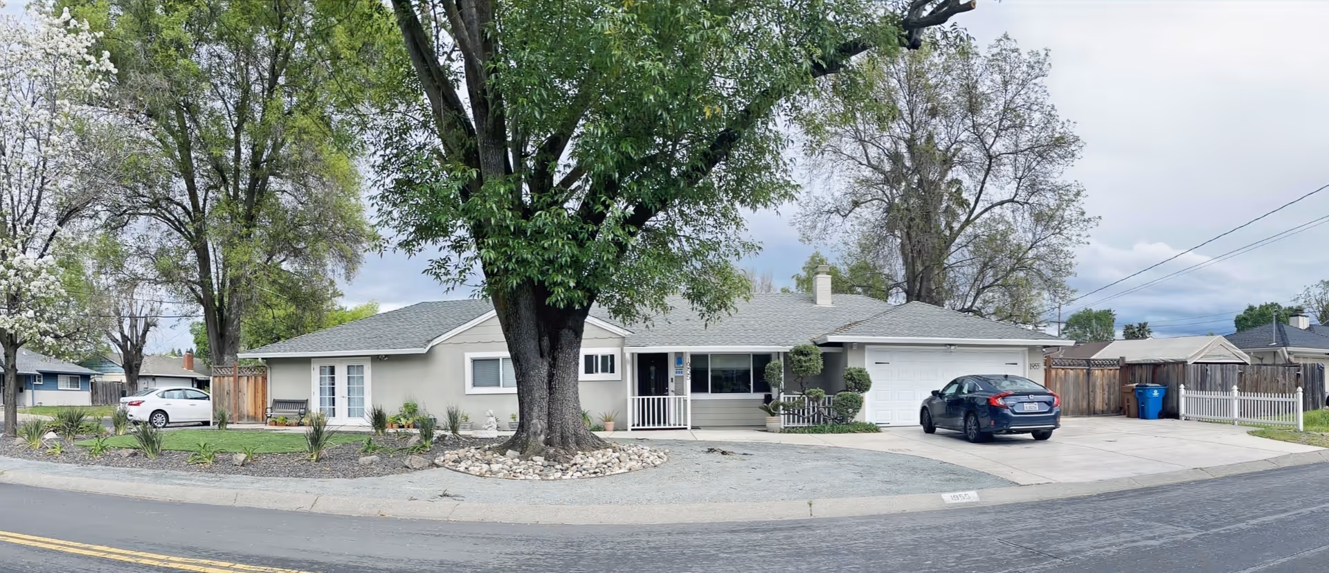 A single-story suburban home with a driveway, car, and large tree in the front yard.