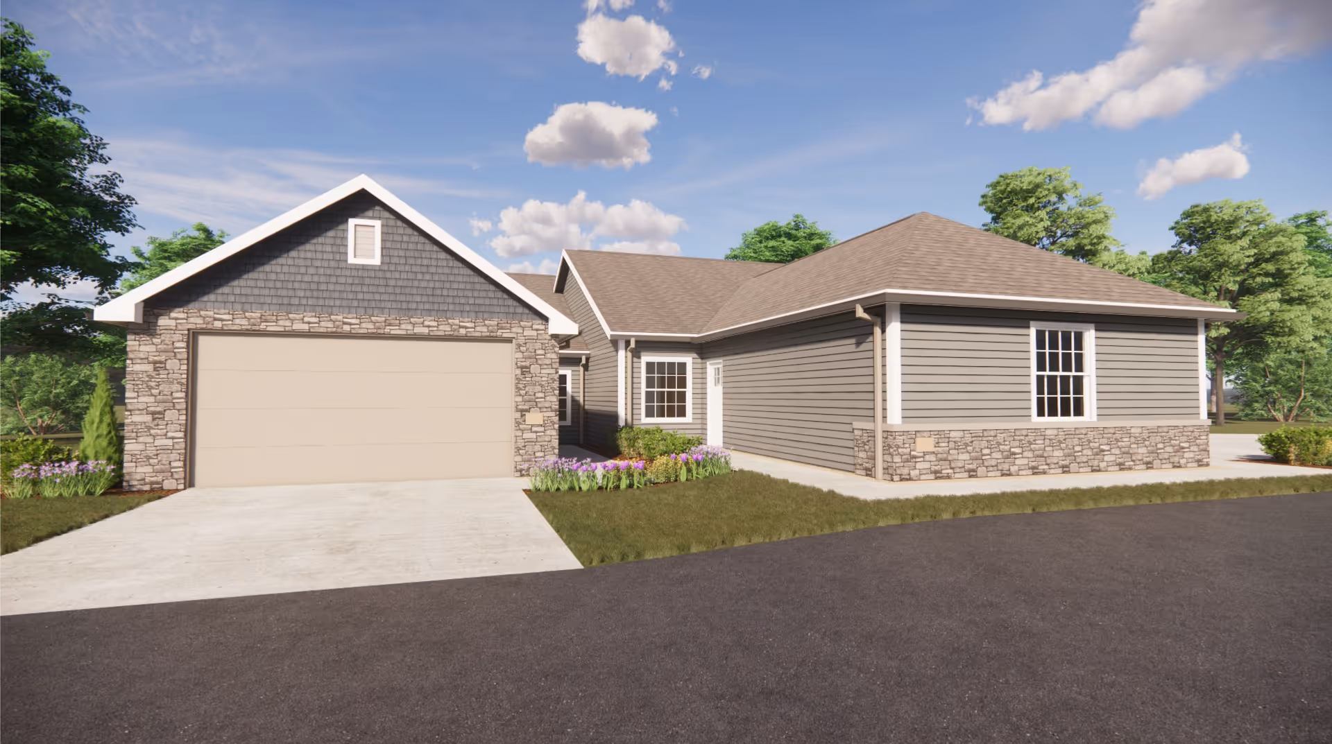 Exterior view of a single-story building with gray siding and stone accents, featuring a two-car garage with a beige door, surrounded by green grass, trees, and a partly cloudy sky.