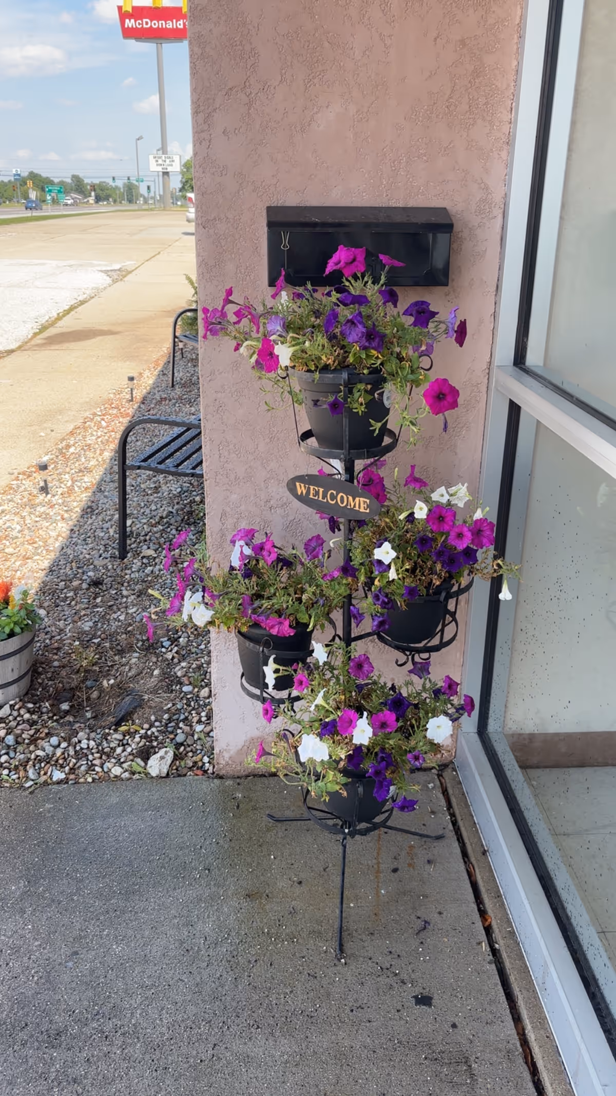 A decorative black metal plant stand with multiple pots of purple, pink, and white flowers placed outside next to a building wall and window. A small sign on the stand reads 'WELCOME'. In the background, there is a sidewalk, gravel area, a bench, and a McDonald's sign visible across the street.