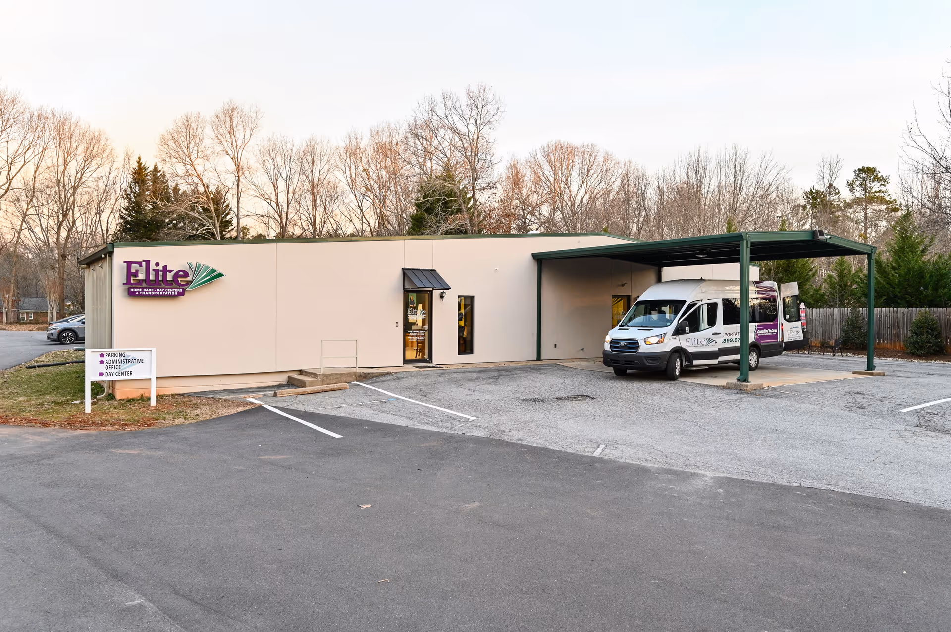 Exterior view of Elite Home Care and Day Centers with a parked van by the entrance