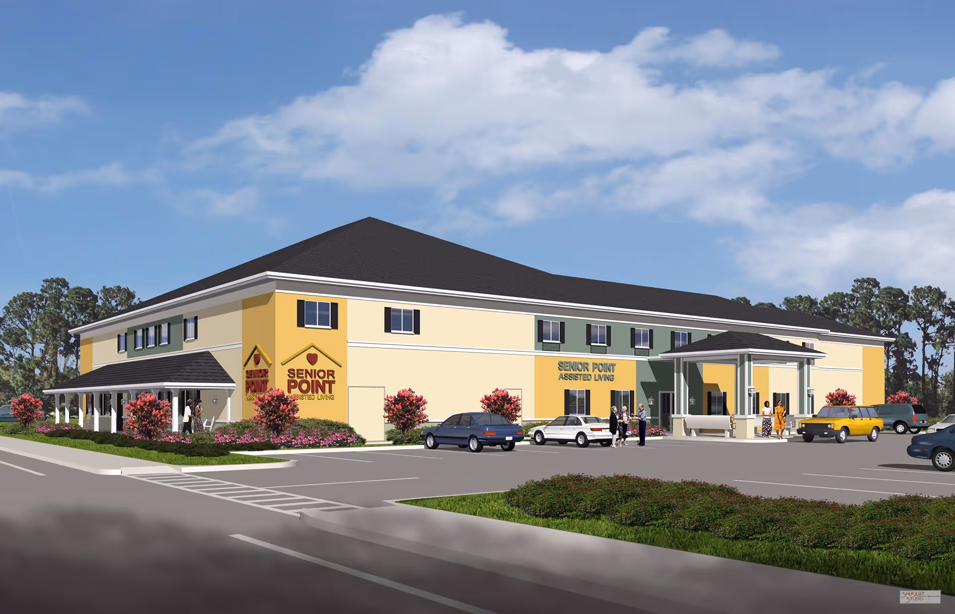 Illustrated exterior view of Senior Point Assisted Living with a parking lot.