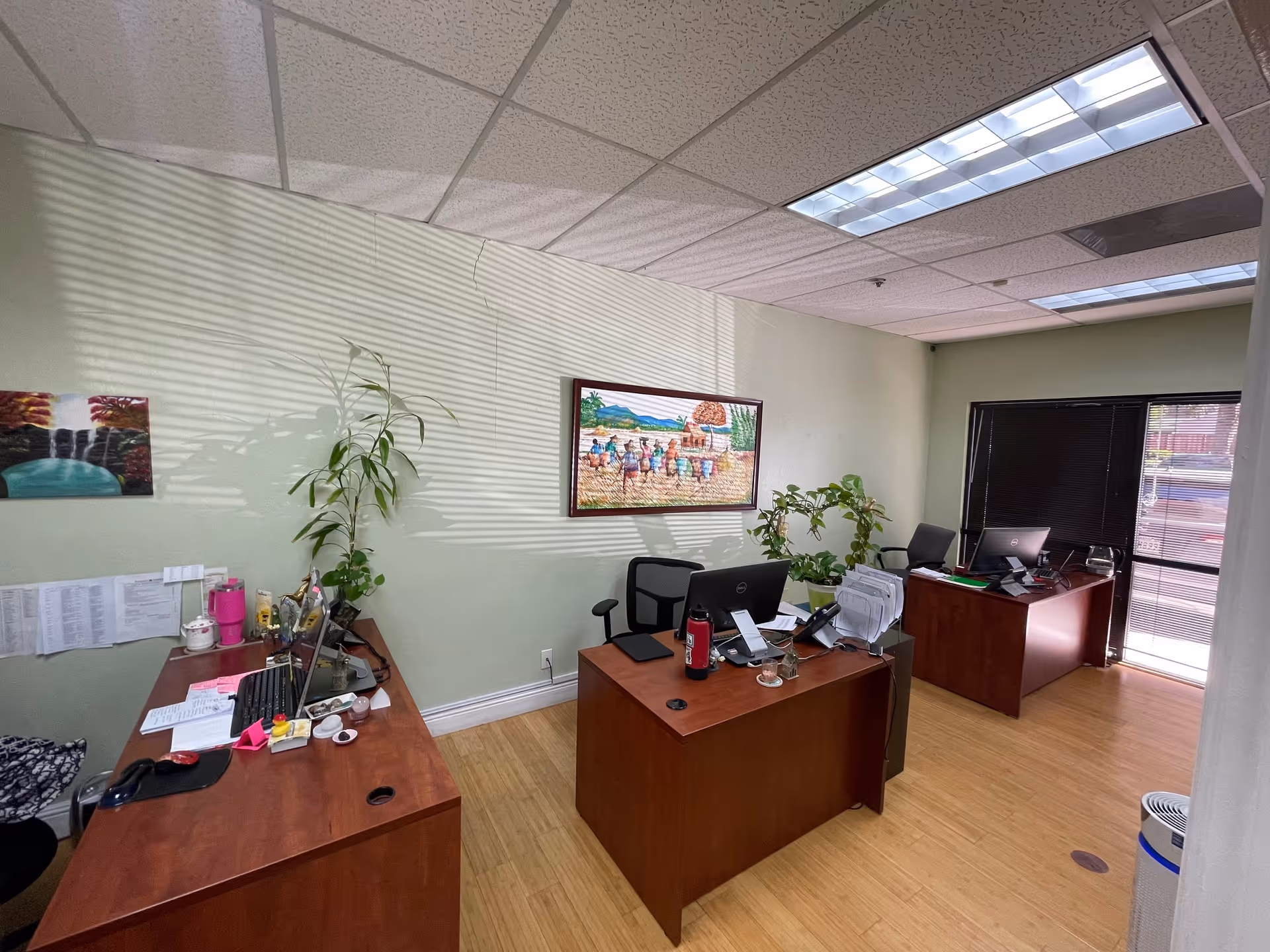 Office workspace with desks, computers, paperwork, and potted plants inside a hospice facility.