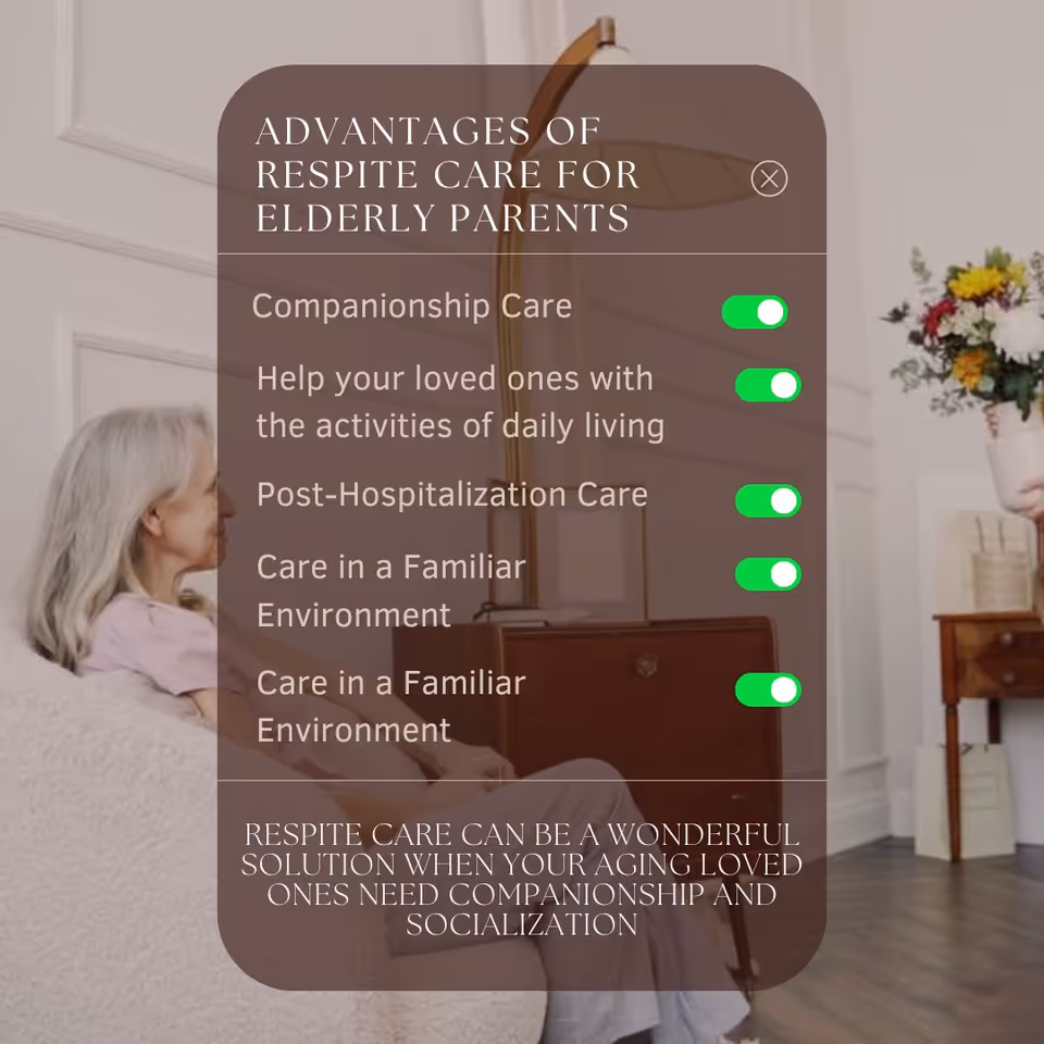 Elderly woman seated in a living room, with a brown promotional overlay covering the scene.