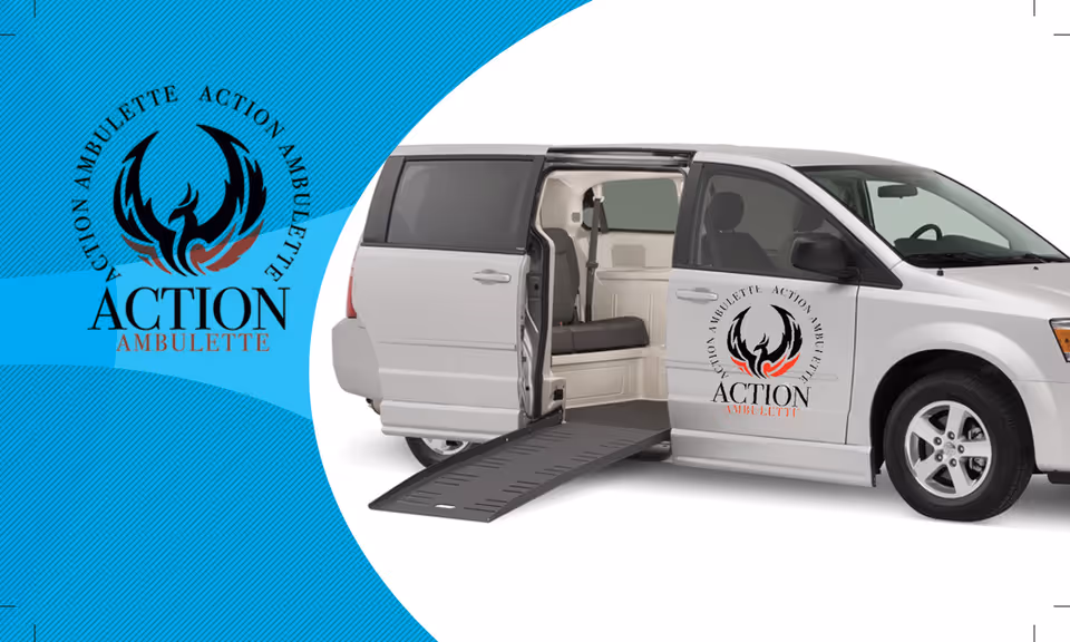 Branded wheelchair-accessible van with open ramp and Action Ambulette logo