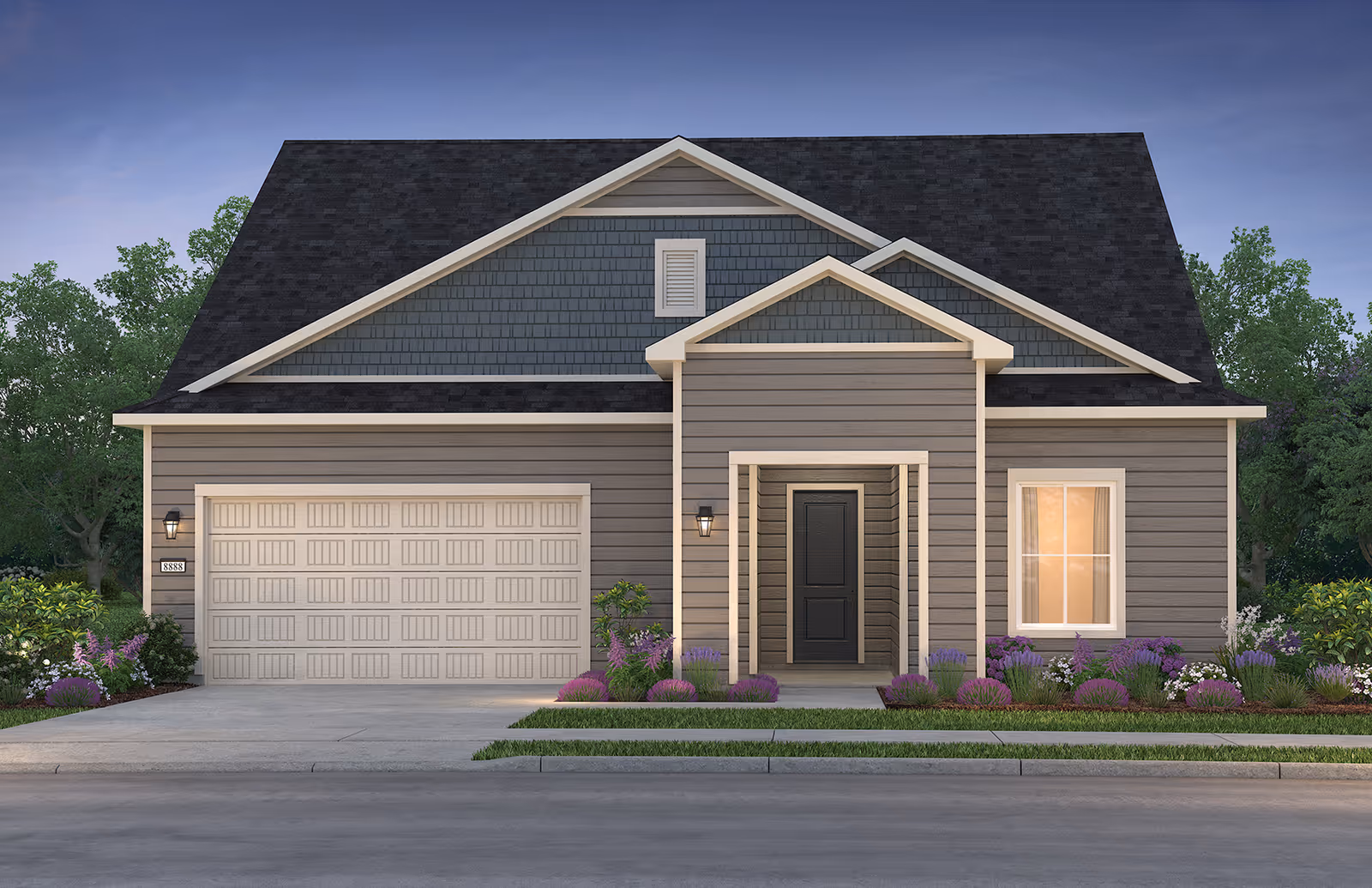 Front view of a modern gray house with a two-car garage and landscaping.