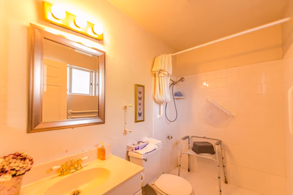 A bathroom with a sink and mirror on the left, a toilet in the center, and a walk-in shower with a shower chair and grab bars on the right. Towels are hanging on a bar above the shower, and there is a small framed butterfly artwork on the wall.