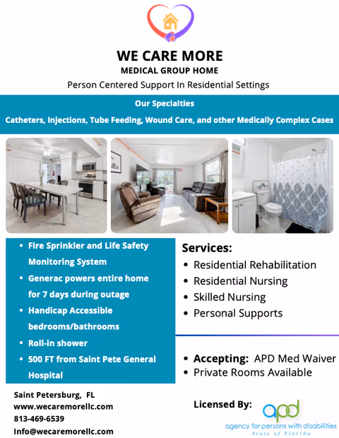 A brochure page shows three interior rooms: kitchen, living room, and bathroom.