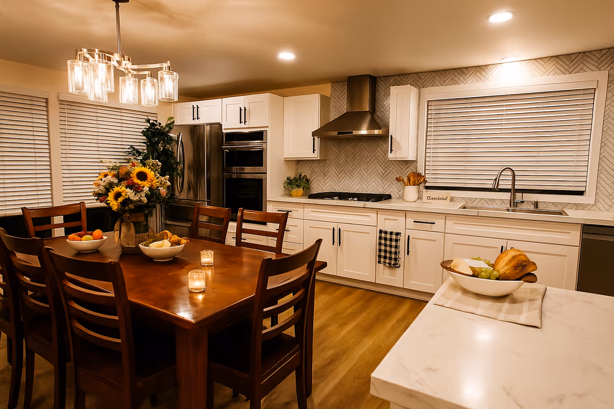 Open kitchen and dining area with white cabinets, stainless appliances, wooden table, and fruit bowls.