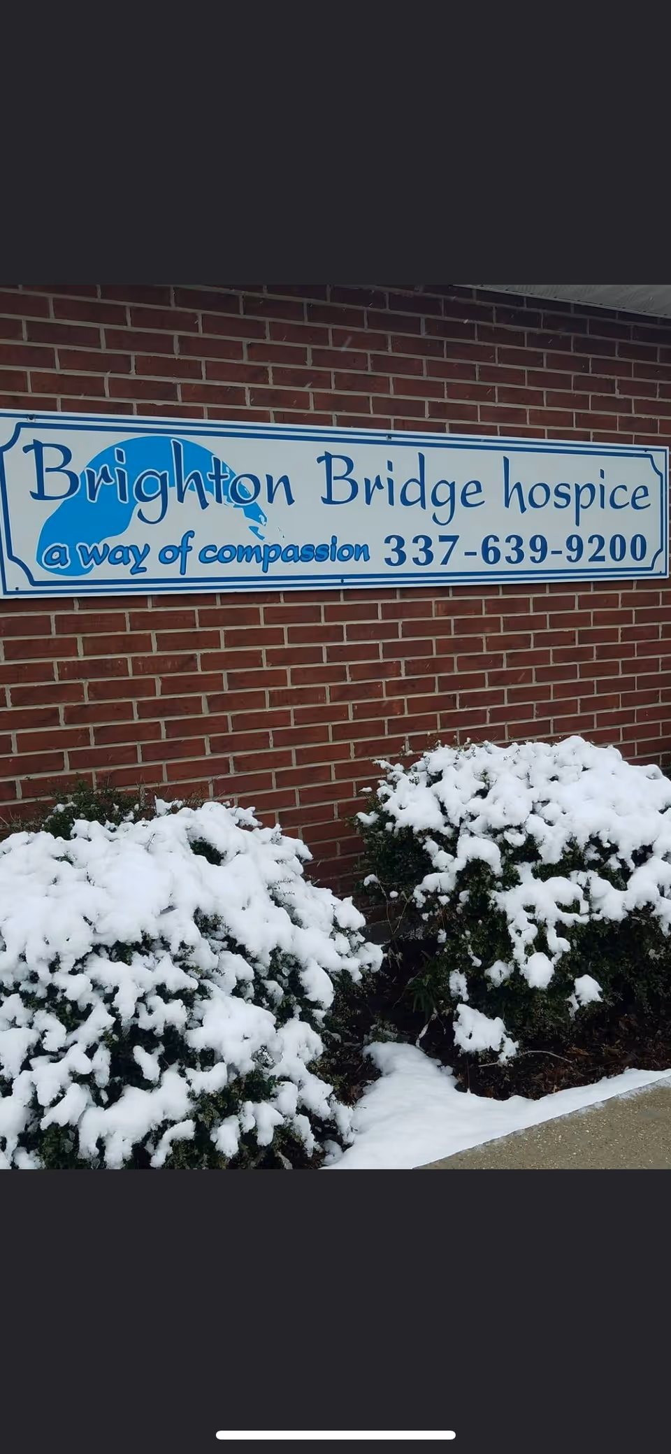 Exterior brick wall with a Brighton Bridge Hospice sign and snow-covered shrubs.
