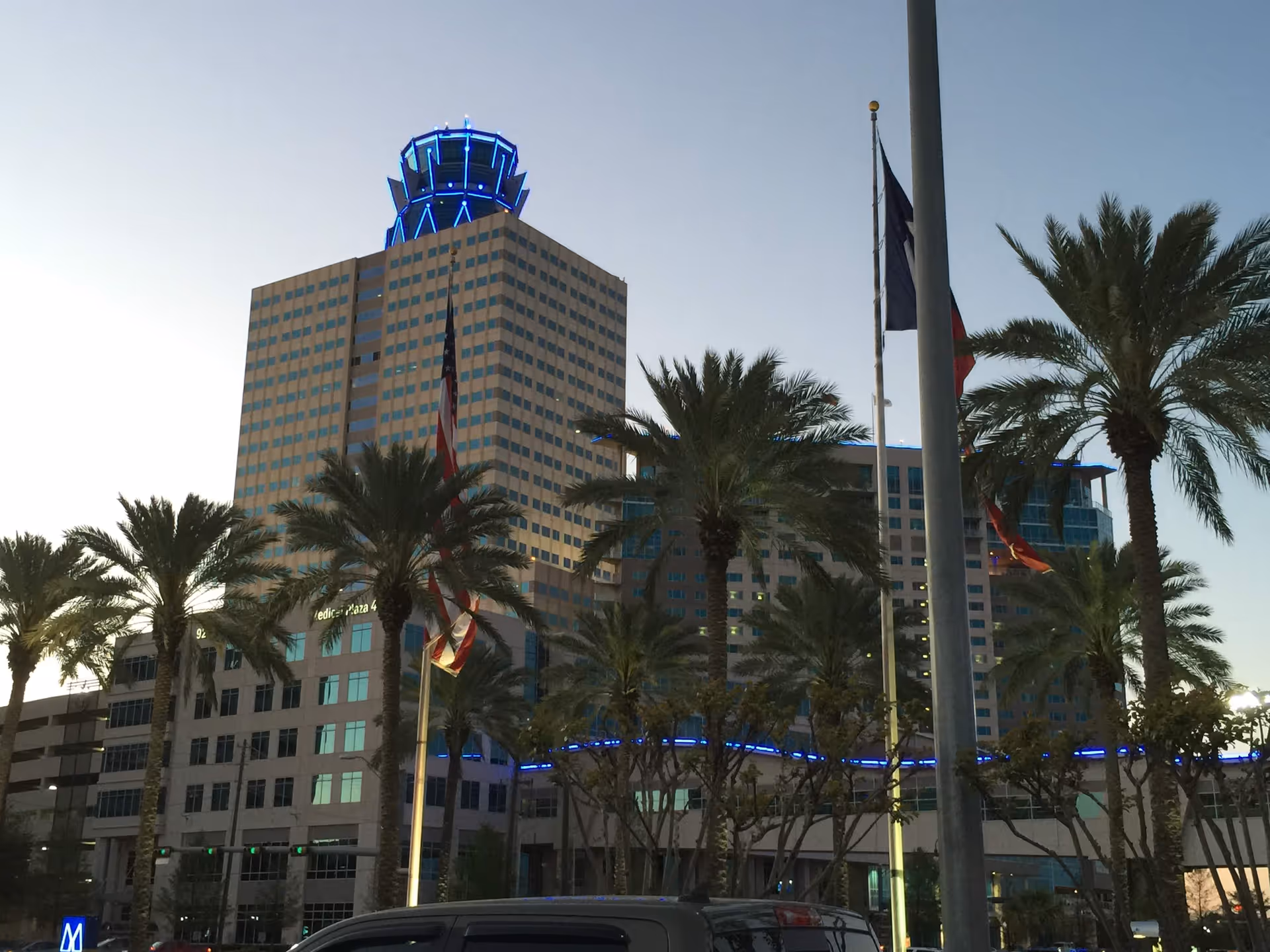 Exterior view of a tall hospital-like building with a blue-lit tower, palm trees, and flags.