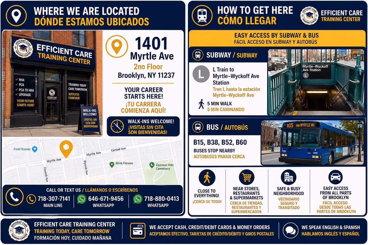 Exterior storefront of Efficient Care Training Center with location map and directions