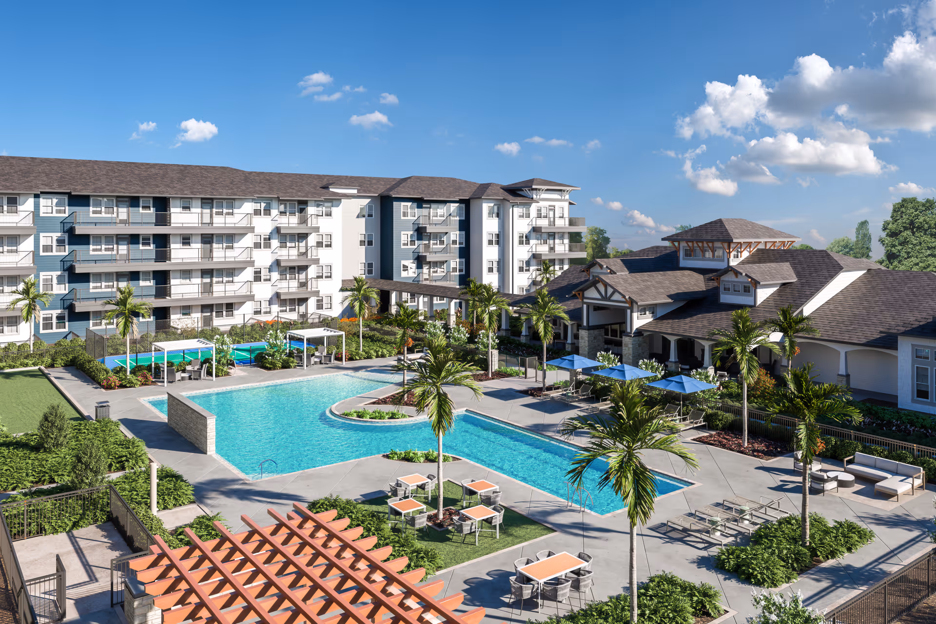 Solea Wellen Park outdoor pool area with palm trees, lounge chairs, and shaded seating.