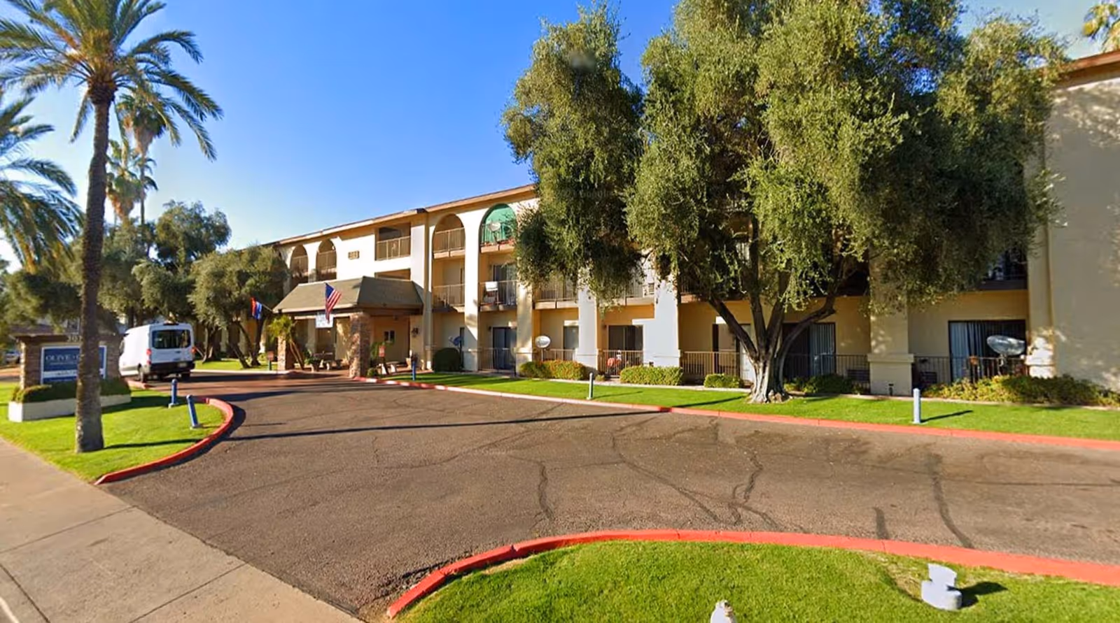 Exterior view of Olive Grove senior living facility featuring a curved driveway and palm trees.