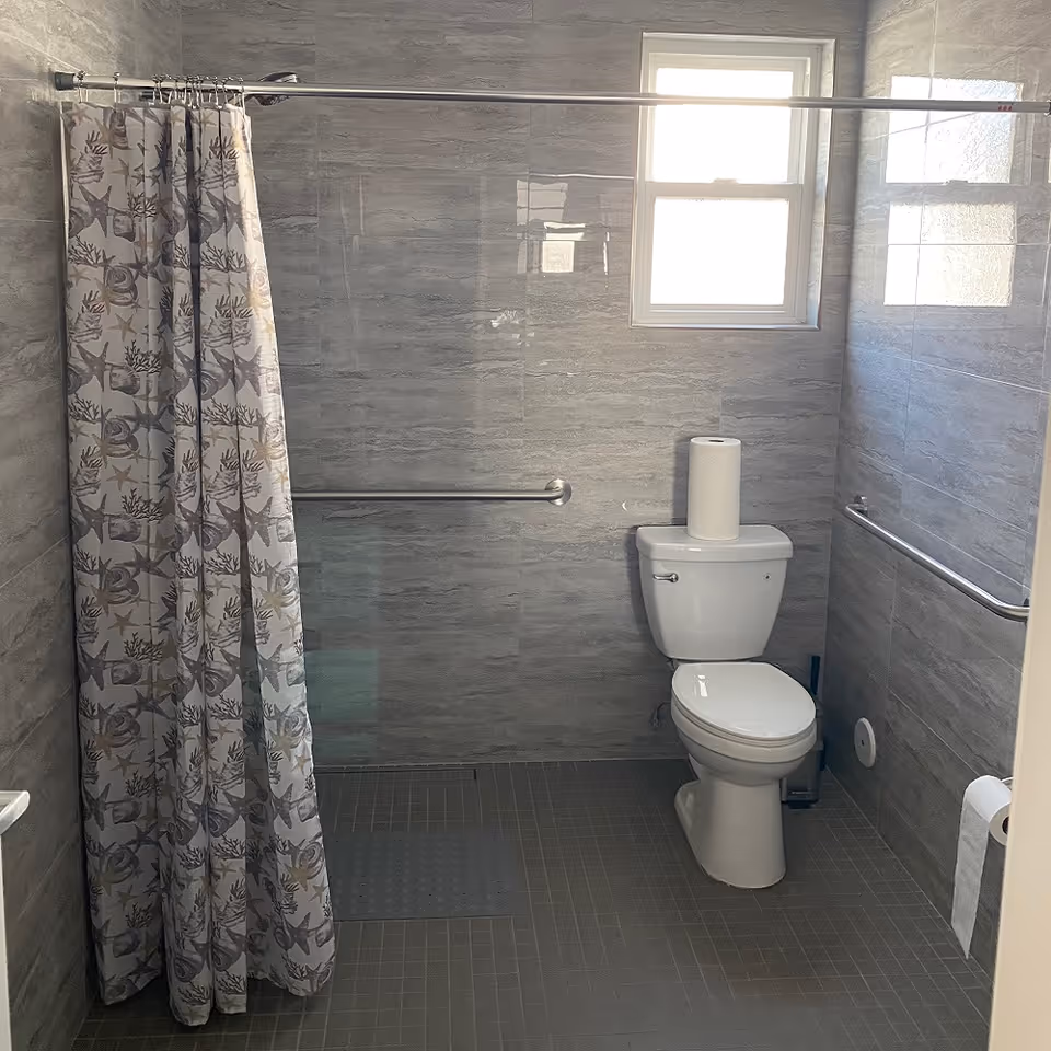 Gray-tiled bathroom with shower curtain, toilet, grab bars, and a high window.