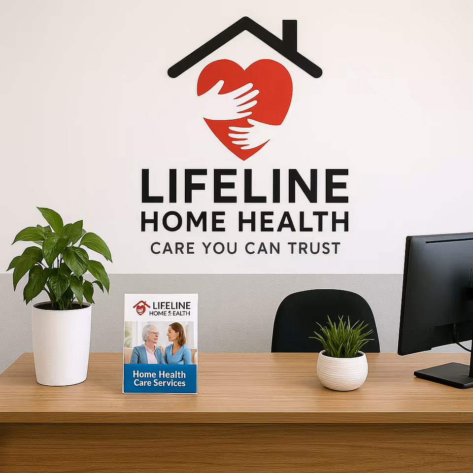 Reception desk in Lifeline Home Health lobby with logo, plants, and computer.