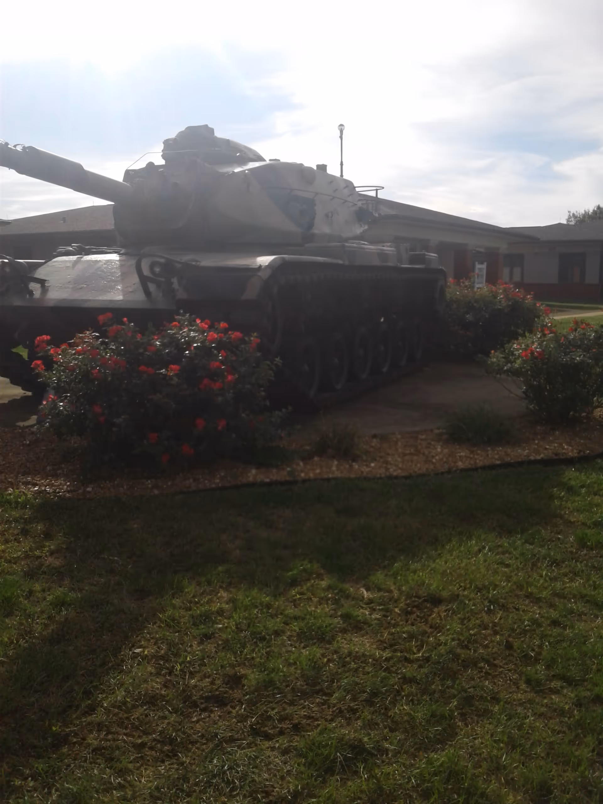 Large military tank displayed outdoors in front of a building with flowering bushes.