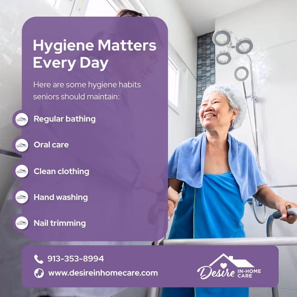 Caregiver in blue scrubs stands in a bathroom beside a purple hygiene banner.