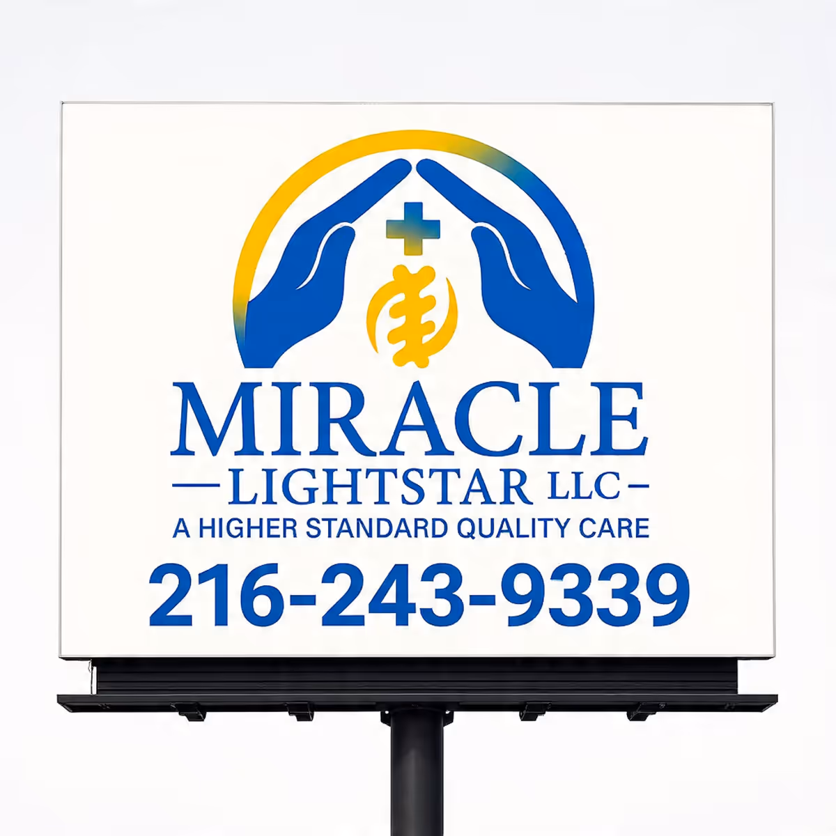 Outdoor billboard-style sign for Miracle-Lightstar LLC with logo, slogan, and phone number.