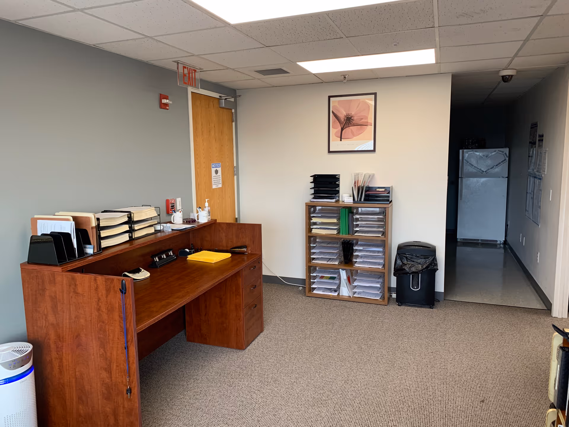 Office reception area with wooden desk, filing organizers, and hallway leading to rooms.