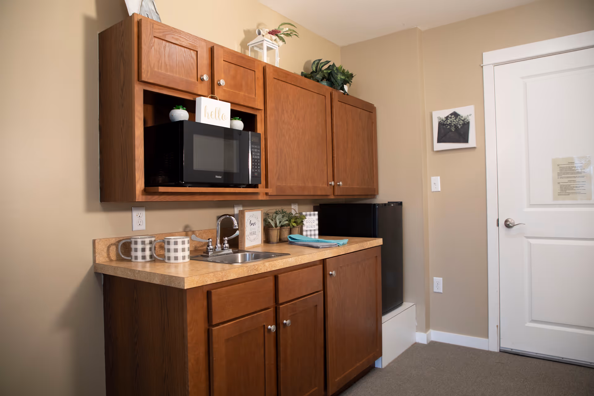 Wooden kitchenette with microwave, sink, mugs, compact fridge, and a white door.