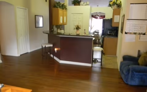 Interior view of a living space featuring a kitchen area with wooden cabinets, a counter with stools, a blue upholstered chair, and a hardwood floor. There are plants and decorative items on top of the cabinets and counter. A doorway leads to another room with a dining table and chairs visible in the background.