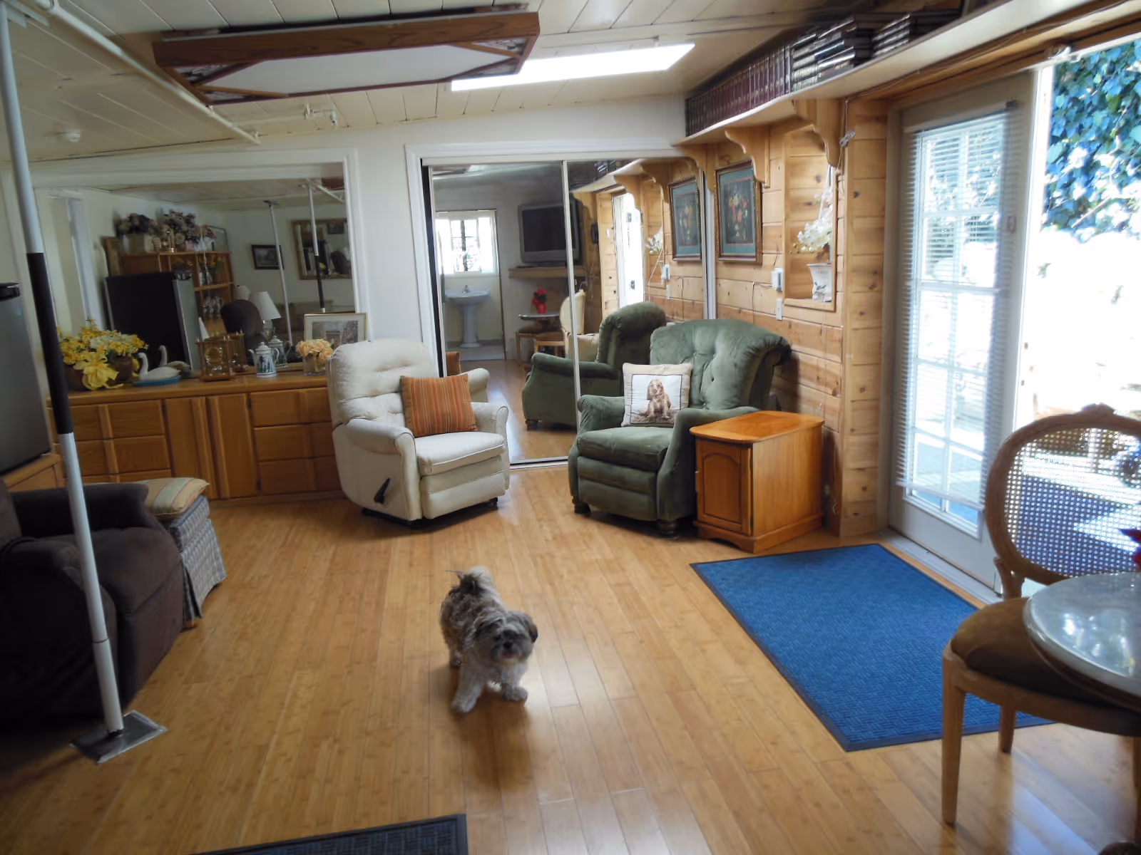 A cozy living room with wooden floors and wood-paneled walls. The room features a white recliner chair with an orange striped pillow, a green armchair with a dog-themed pillow, a small wooden side table, and a glass-top round table with a chair. There is a large mirror on one wall reflecting a sink and television in an adjacent room. A small dog stands on the floor near the center of the room. A glass door with blinds leads outside, and blue floor mats are placed near the door.