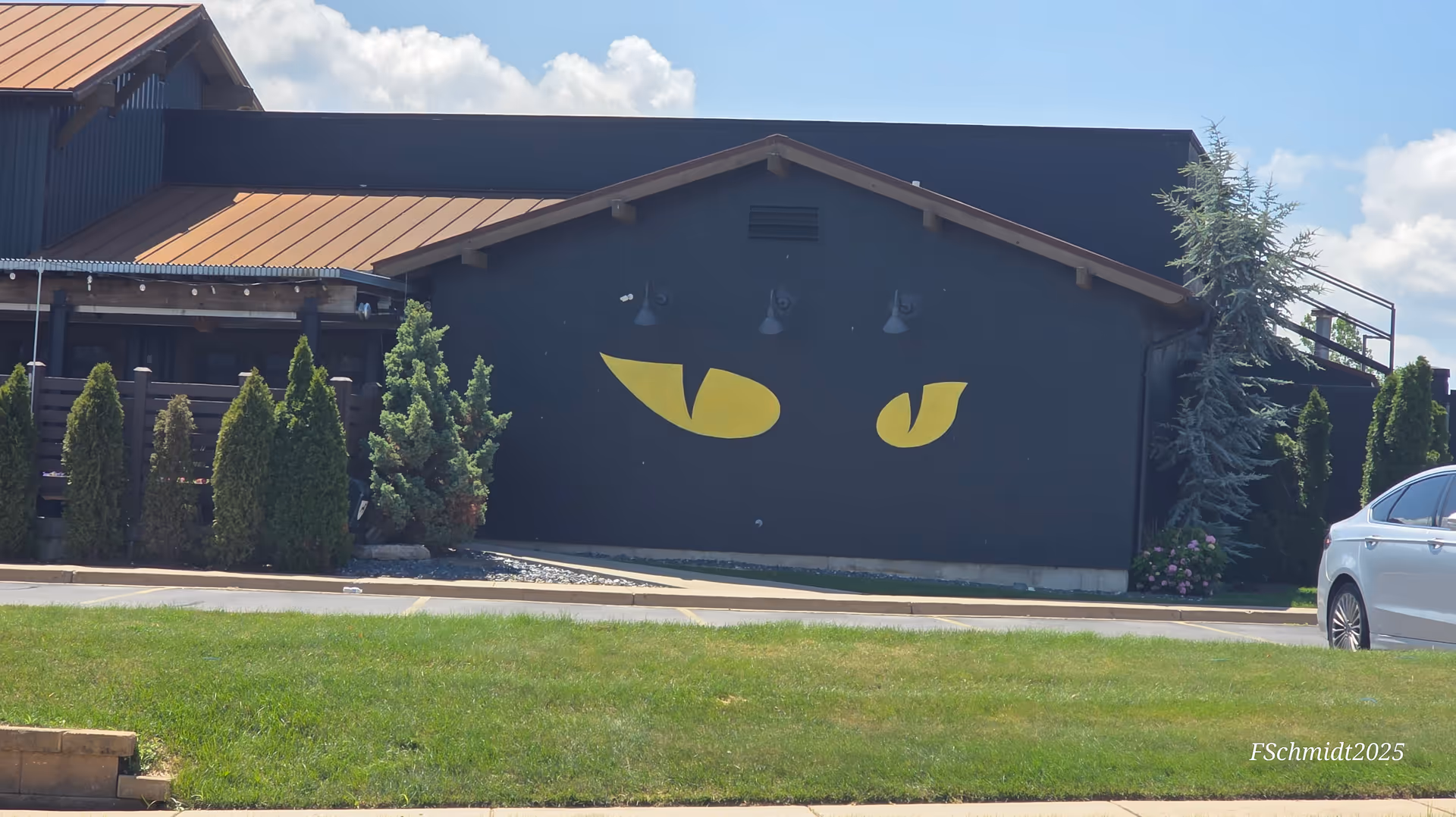 Exterior view of a facility with a dark wall mural of yellow eye shapes and greenery.