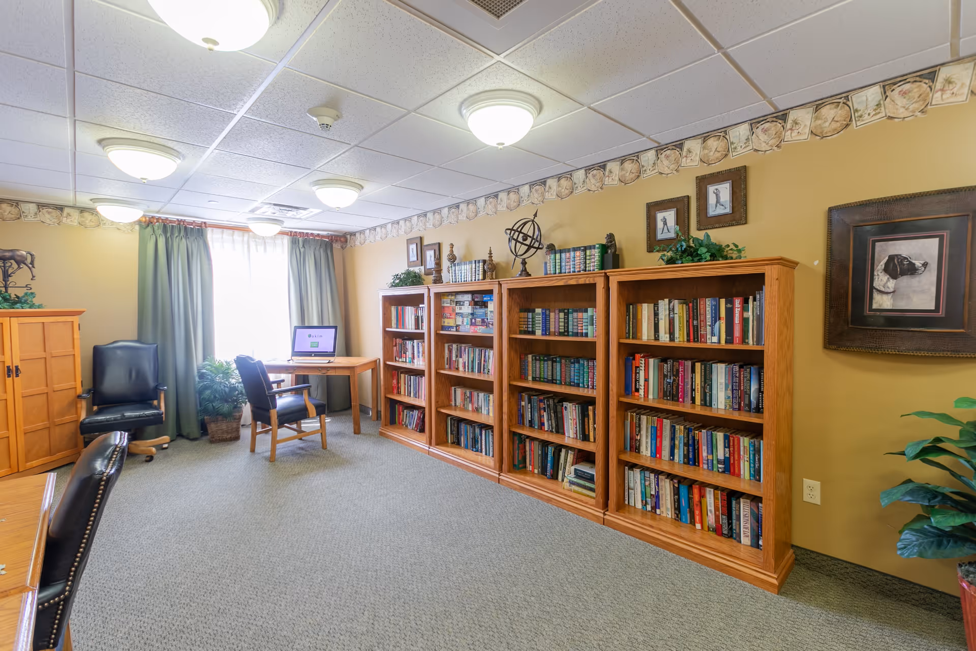 A bright library-style room with wooden bookshelves filled with books, a desk with a computer, and seating.