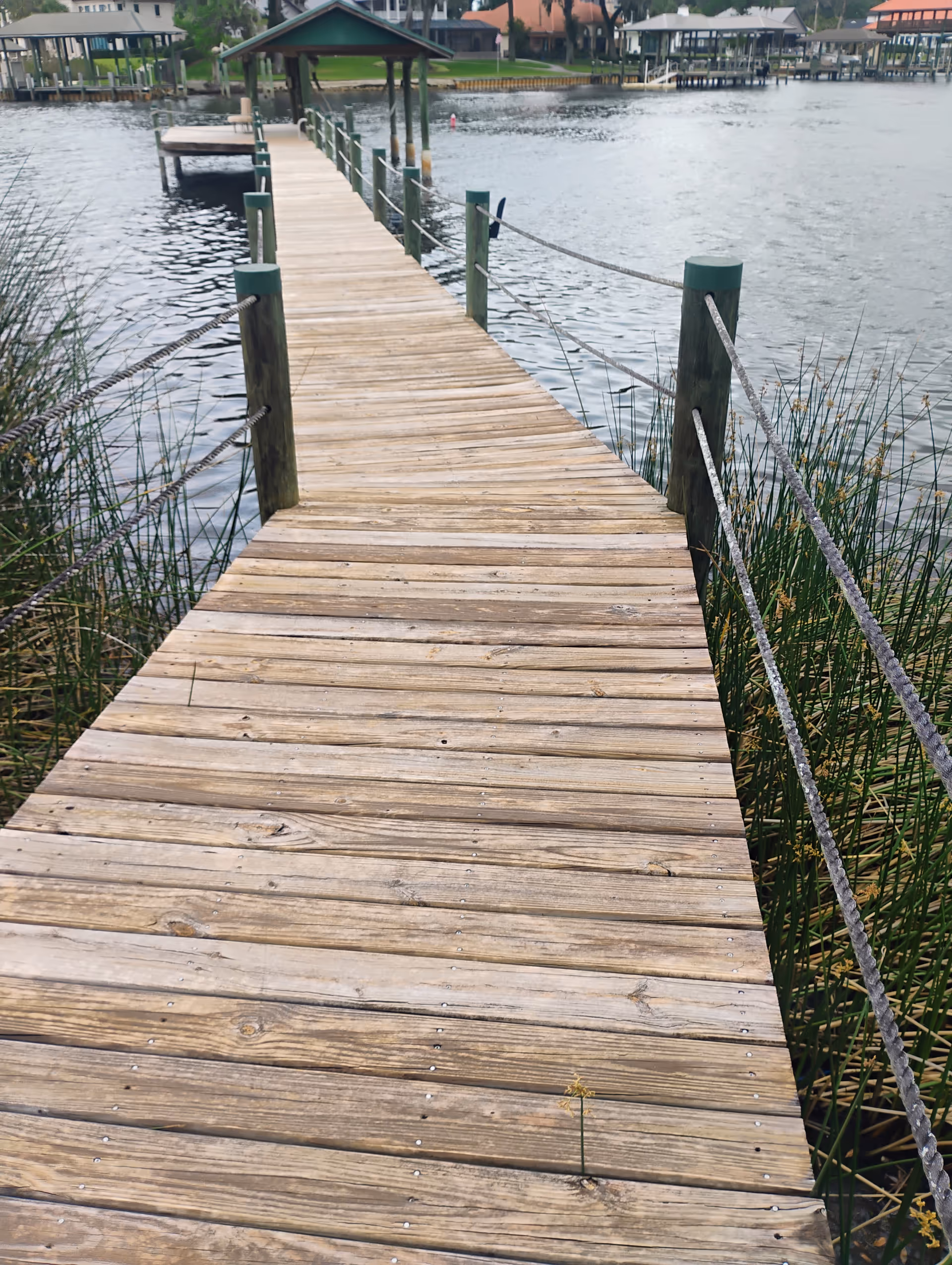 Wooden boardwalk extends over calm water toward a gazebo, with reeds along the edge.