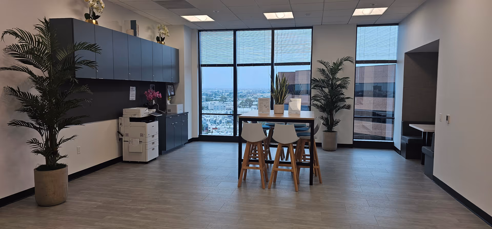 Modern senior living common area with high table, stools, cabinets, plants, and windows.