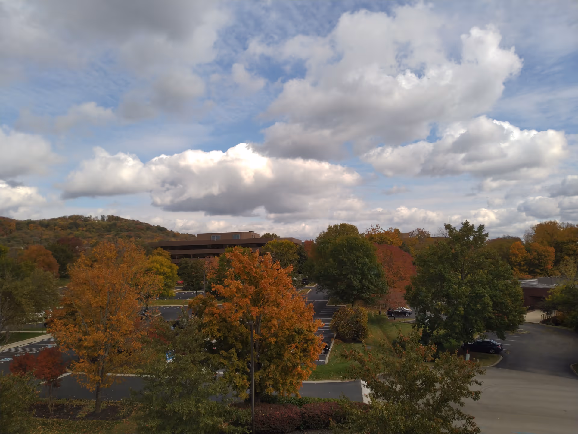 Autumn trees frame a distant building and parking lot beneath a cloudy sky.