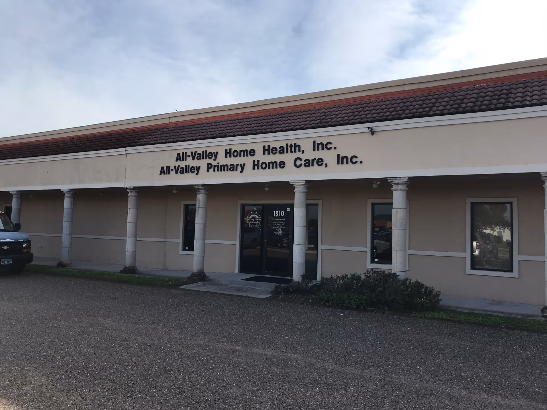 Front view of All-Valley Home Health building with columns and signage.