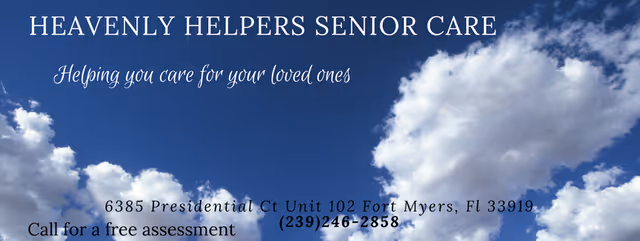 Sign reads Heavenly Helpers Senior Care with contact information on a blue sky background.